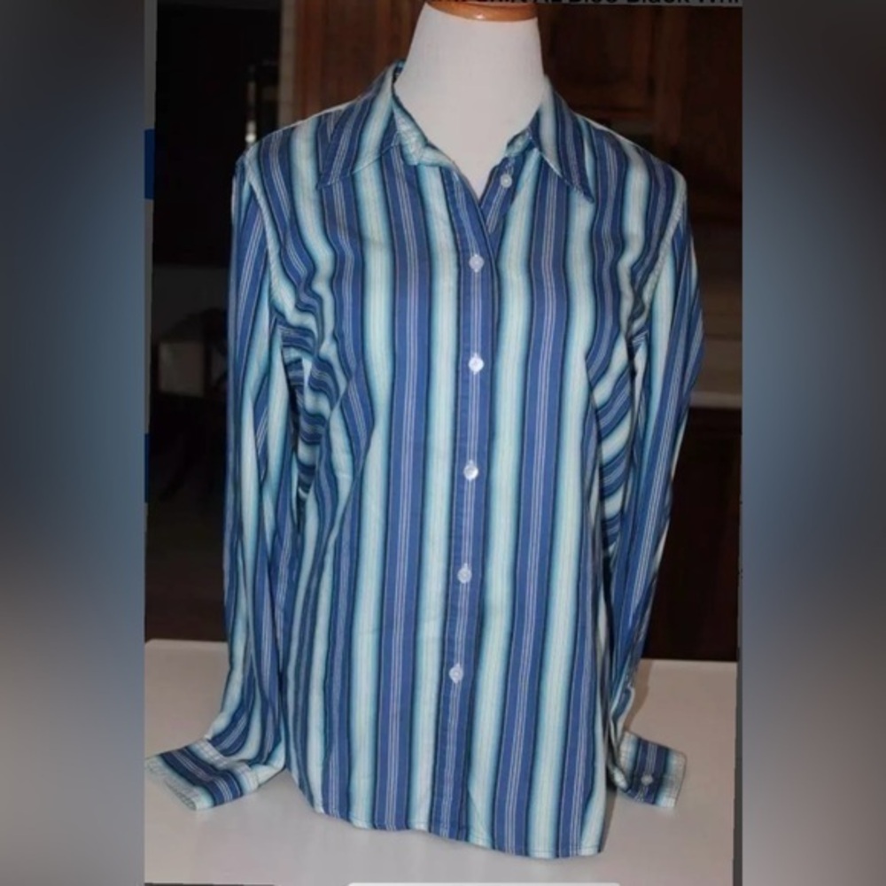 Jones New York Signature Striped Button Front Shirt XL Blue Black White